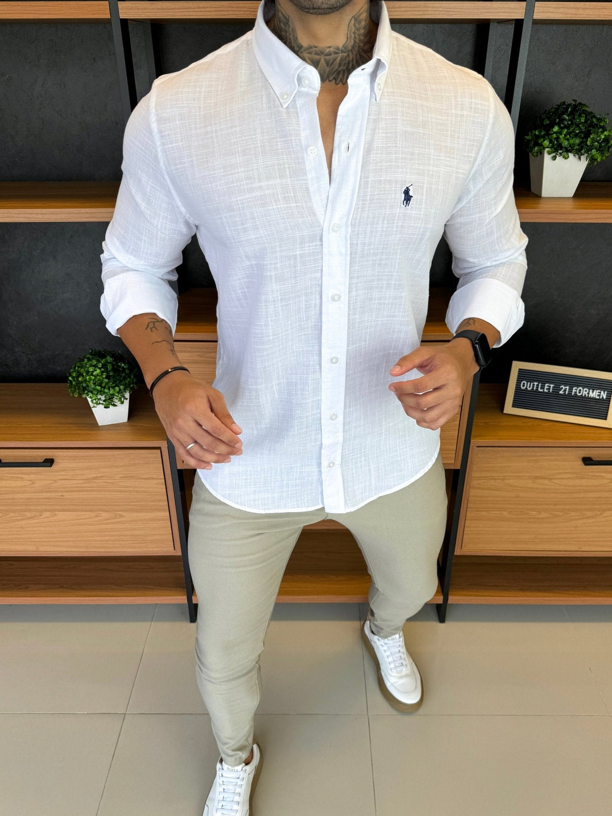 Camisa Polo Ralph Linho Branca Logo Marinho
