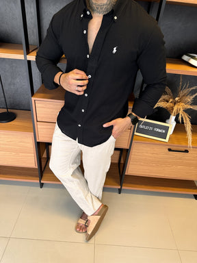 Camisa Polo Ralph. Linho Preta Logo Branco
