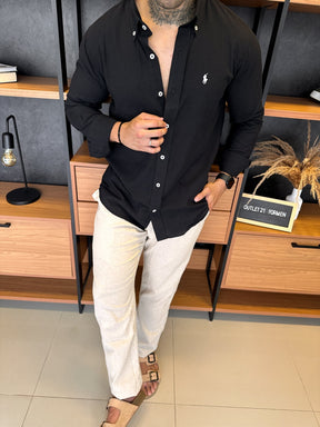 Camisa Polo Ralph. Linho Preta Logo Branco