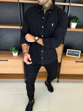 Camisa Polo Ralph. Linho Preta Logo Branco