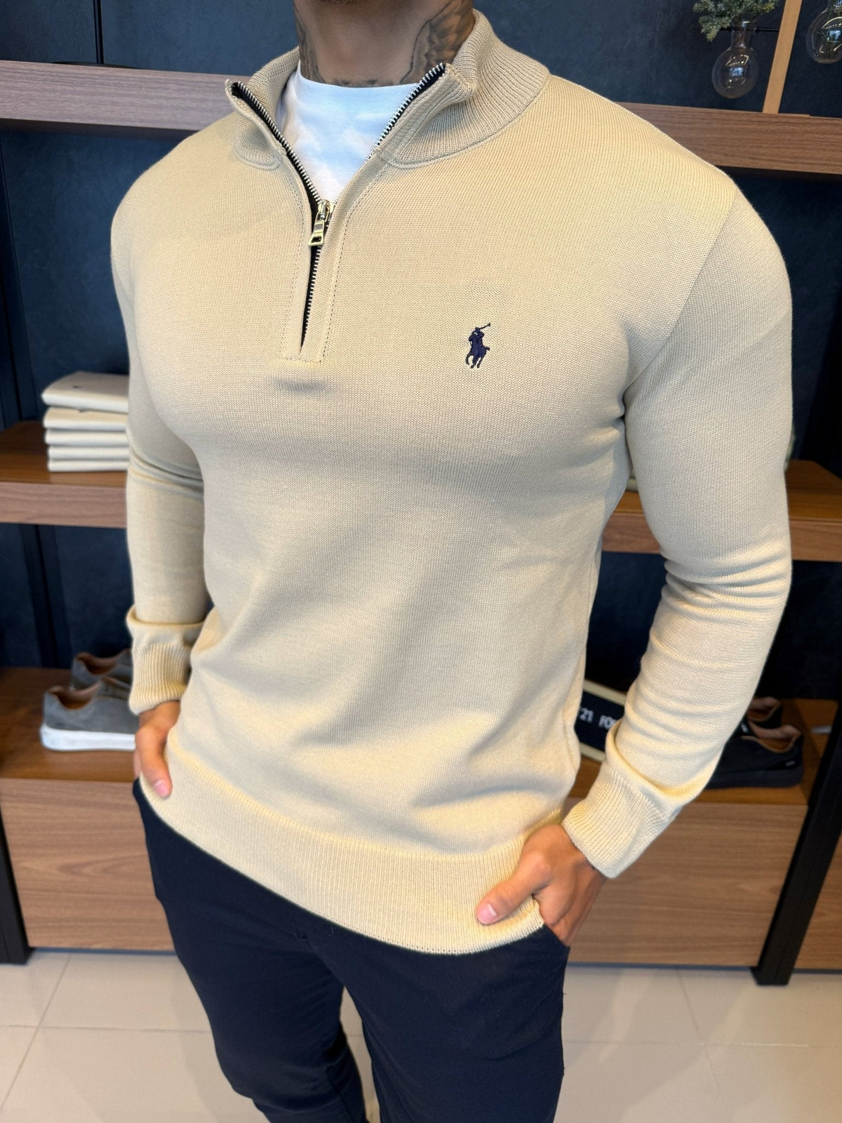 Suéter Zíper Tricot Polo Ralph. Bege