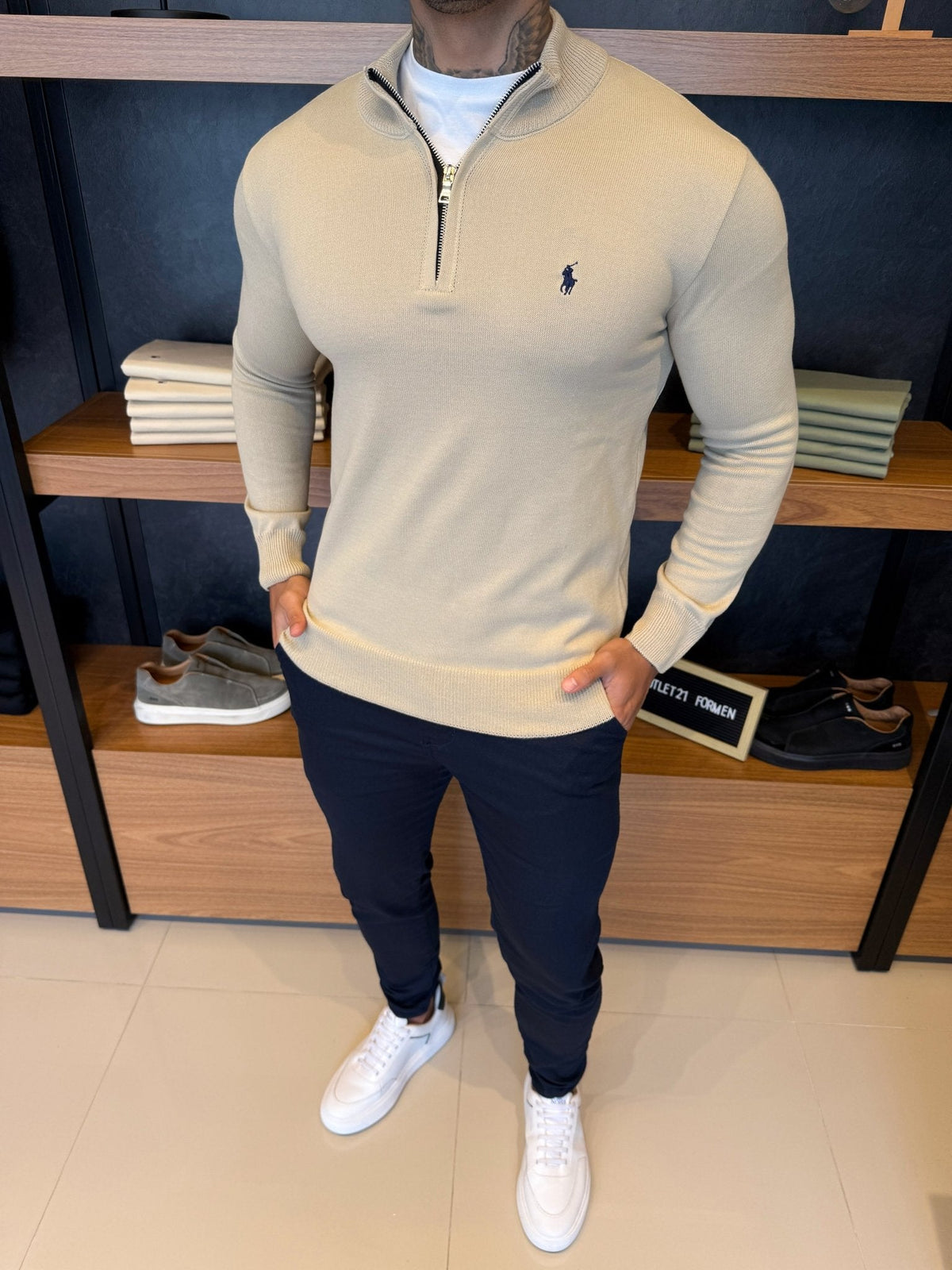 Suéter Zíper Tricot Polo Ralph. Bege