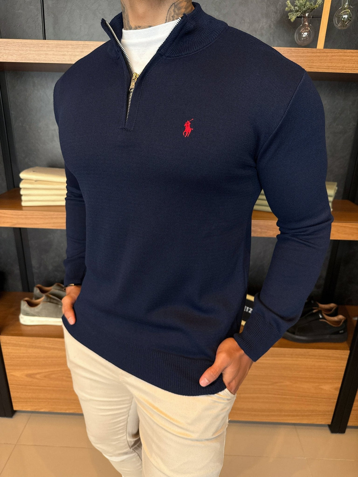 Suéter Zíper Tricot Polo Ralph. Marinho